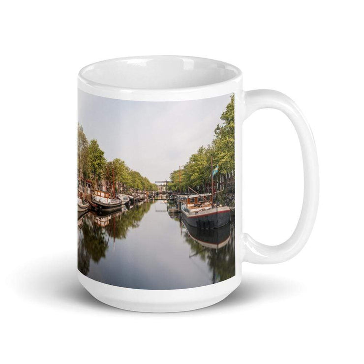 Amsterdam canal on Lekkeresluis l White glossy mug