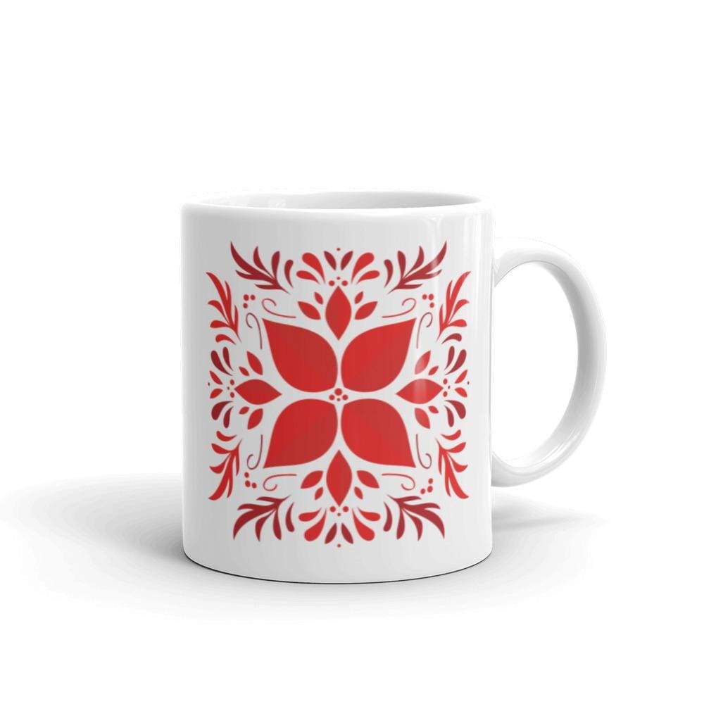 White glossy mug with red leaves design - lorenacirstea